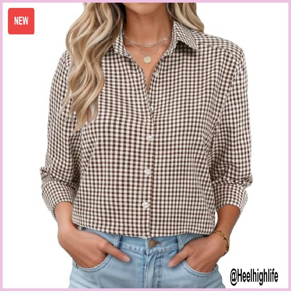 Women's Long Sleeve Button Down Shirt Cotton Loose Fit Blouse - Picture 2 of 8